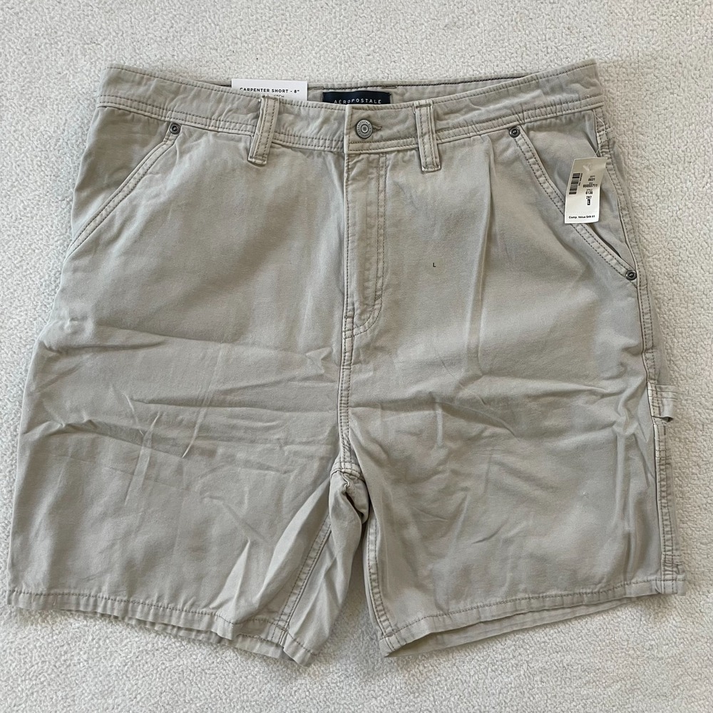 Aeropostale Mens Large Carpenter Short Tan‎ 8 Inch Inseam Cotton Canvas Utility